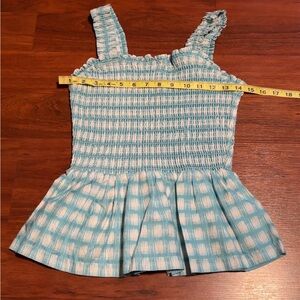 Candace Cameron Bure Light Blue and White Smocked Tank Top
